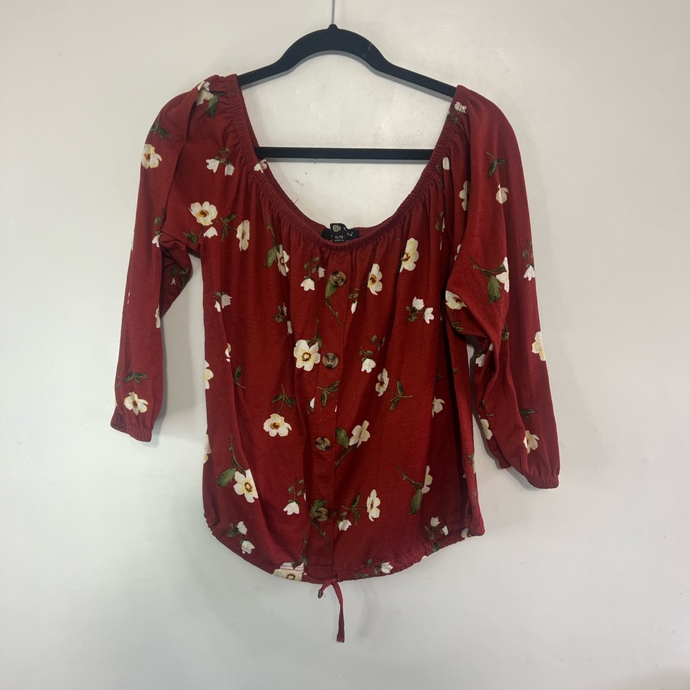 Belle Tweed Women's Knit Off the Shoulder Crop Top‎ Maroon Floral Blouse XL-TG